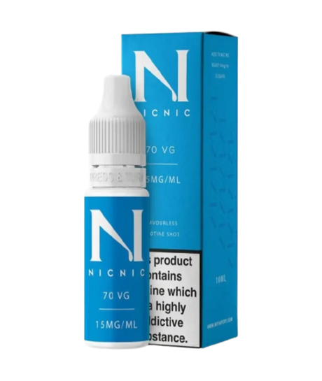 A bottle of Luxe Vaper Nic Nic 70VG Nicotine Shot - 10ml next to its packaging box. The label on the bottle indicates a nicotine strength of 15 mg/ml and a VG/PG ratio of 70/30. The box warns that the product contains nicotine, which is addictive.