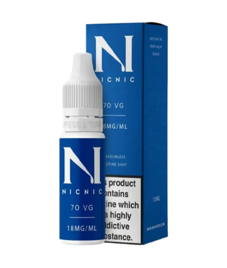 A bottle of Luxe Vaper Nic Nic 70VG Nicotine Shot and its packaging. The label indicates "18mg/ml" in a 10ml bottle with a 70 vg composition, warning of high nicotine content.