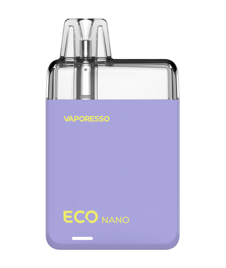 A Vaporesso Eco Nano Kit vaping device, featuring a compact, leak-proof design with a purple casing and silver accents. The product name is displayed prominently on the front.