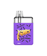 A realistic image of a purple Vaporesso ECO Nano Kit vape device, featuring bold yellow and purple branding on the body and equipped with COREX heating technology.