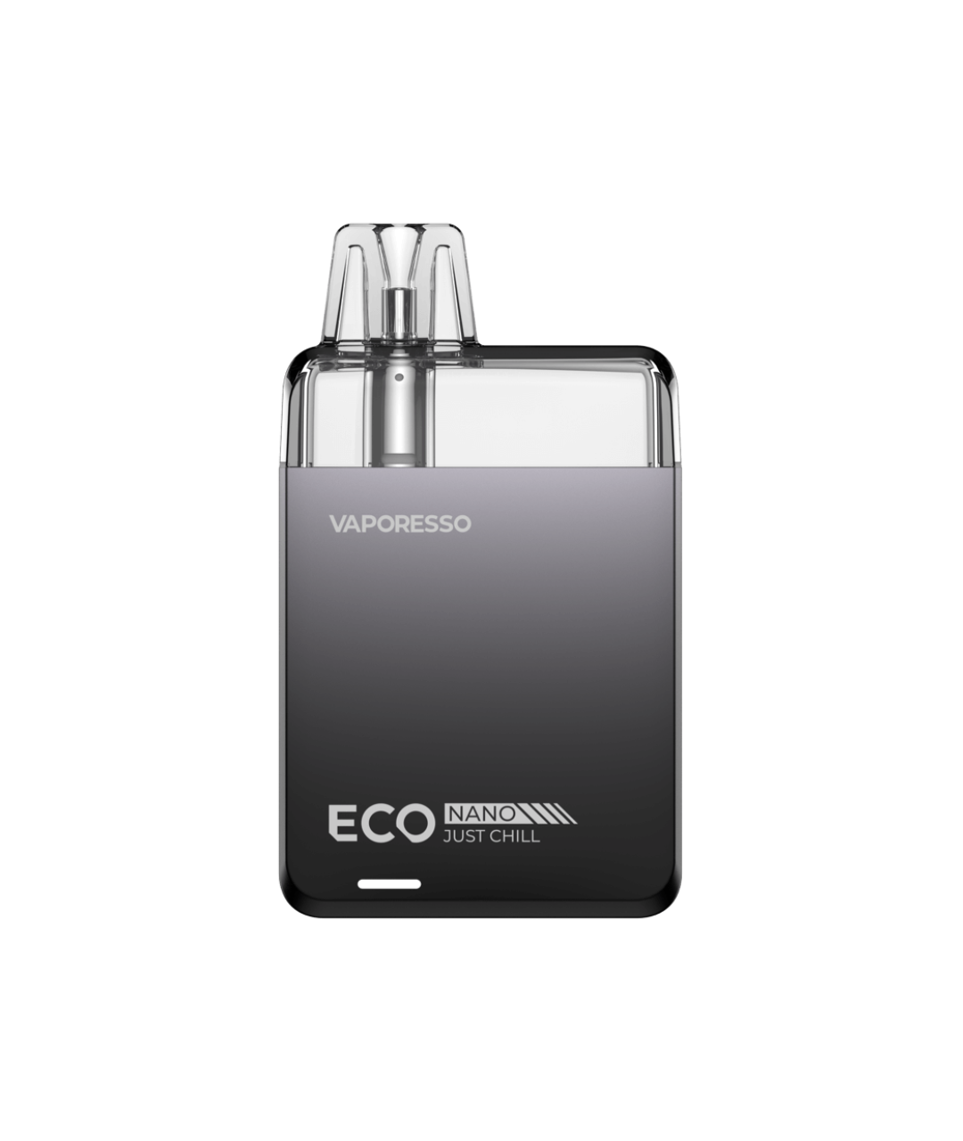 A Vaporesso Eco Nano Kit vaping device, displayed against a white background, features a leak-proof design with a transparent top and a sleek, dark gray body with the brand name visible.