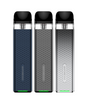 Three electronic vape pens with a sleek design, branded "Vaporesso Xros 3 Mini Kit," in blue, gray, and silver colors, each featuring a small green indicator light