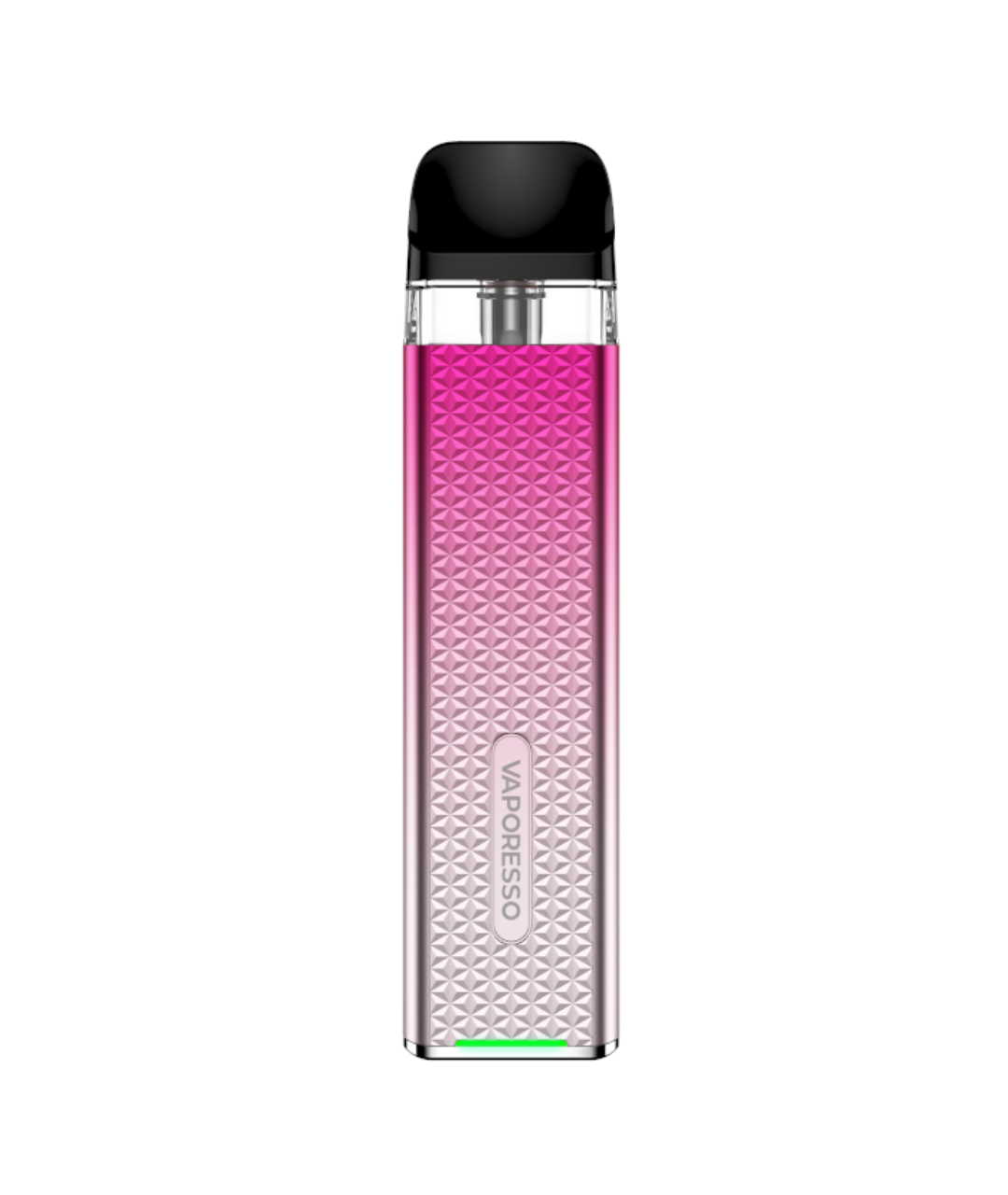 An image of a sleek, cylindrical Vaporesso Xros 3 Mini Kit with a gradient design transitioning from pink to metallic silver, decorated with a diamond pattern and topped with a black.