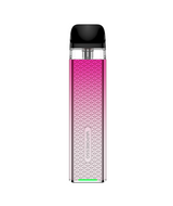 An image of a sleek, cylindrical Vaporesso Xros 3 Mini Kit with a gradient design transitioning from pink to metallic silver, decorated with a diamond pattern and topped with a black.