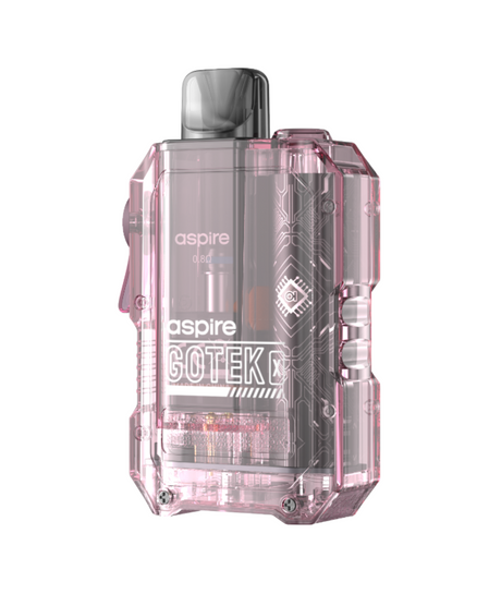 Transparent pink Aspire Gotek X Kit showcasing internal circuitry and branded with "Aspire Gotek X Kit" in a high-tech font, designed for both RDTL and MTL vaping, viewed against