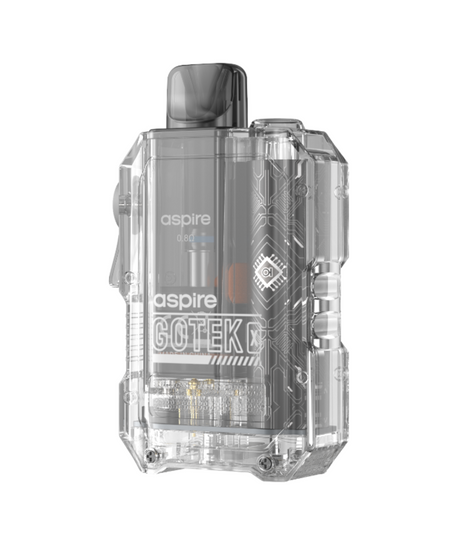 A transparent Aspire Gotek X Kit electronic cigarette device showcasing its intricate internal circuitry and branding.