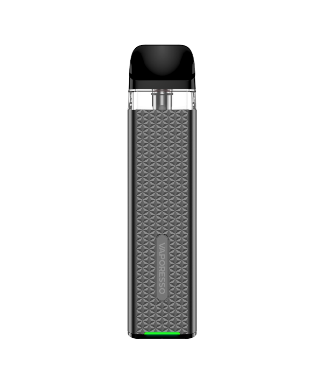 Electronic cigarette or vape pen with a sleek, black design and textured grip, branded as the "Vaporesso Xros 3 Mini Kit," featuring a small green indicator light.