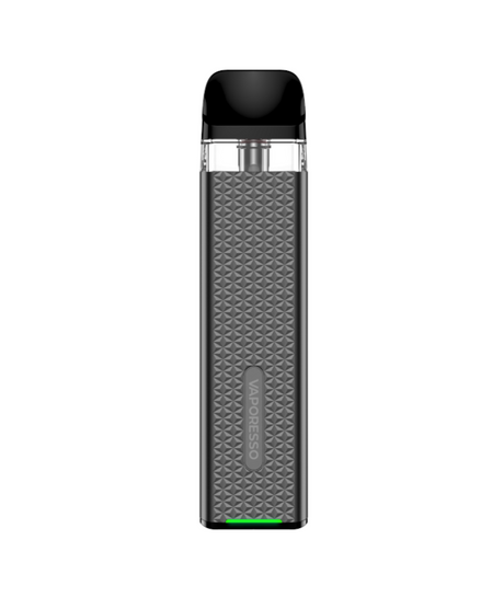 Electronic cigarette or vape pen with a sleek, black design and textured grip, branded as the "Vaporesso Xros 3 Mini Kit," featuring a small green indicator light.