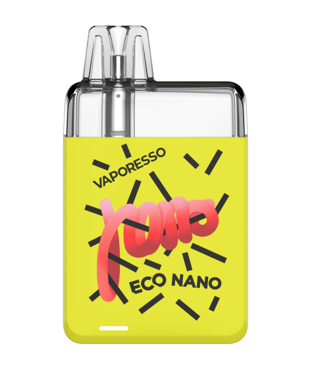 A vibrant yellow Vaporesso Eco Nano Kit vaping device with a bold pink "Xros" logo and a leak-proof design, featuring a transparent mouthpiece, set against a white background.