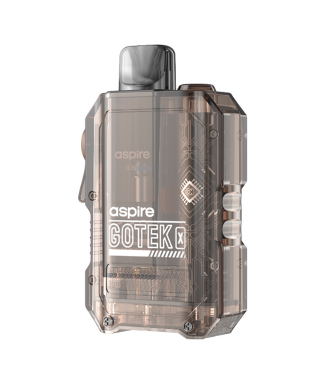 A transparent Aspire Gotek X Kit vaporizer with visible internal components and circuitry, featuring robust housing and a digital screen on the side.