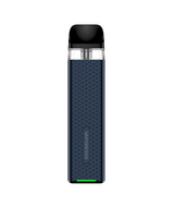 An upright MTL pod kit with a textured dark blue body, silver trim, and a black top, labeled "Vaporesso Xros 3 Mini Kit" in white text along the side.