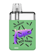 A graphic image of a green Vaporesso Eco Nano Kit vaping device with a clear, leak-proof top piece and purple text over a dynamic starburst pattern.