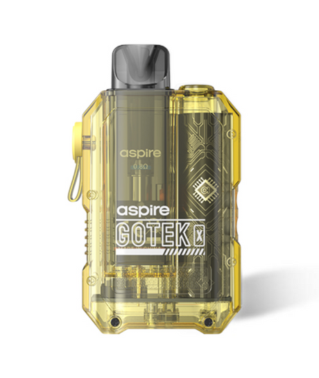 Yellow transparent Aspire Gotek X Kit vape device showcasing internal circuitry and branding on a white background.