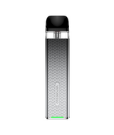 A Vaporesso Xros 3 Mini Kit vaping device with a sleek design, featuring a black mouthpiece, a textured silver body with the Vaporesso brand name, and a green light indicator