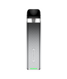 A Vaporesso Xros 3 Mini Kit vaping device with a sleek design, featuring a black mouthpiece, a textured silver body with the Vaporesso brand name, and a green light indicator