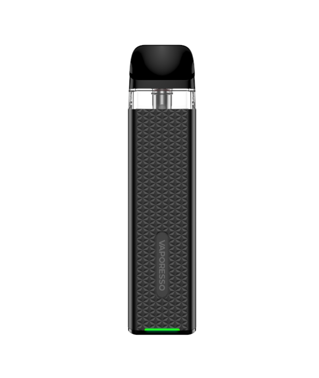 Black Vaporesso Xros 3 Mini Kit vaping device with a textured design and a green LED indicator at the bottom.