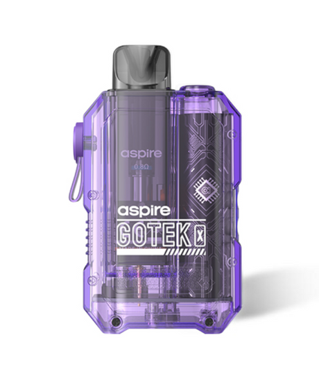 A transparent purple electronic vaping device with visible internal components, labeled "Aspire Gotek X Kit" on the side. The device features a black drip tip on top, ideal for MTL vaping.