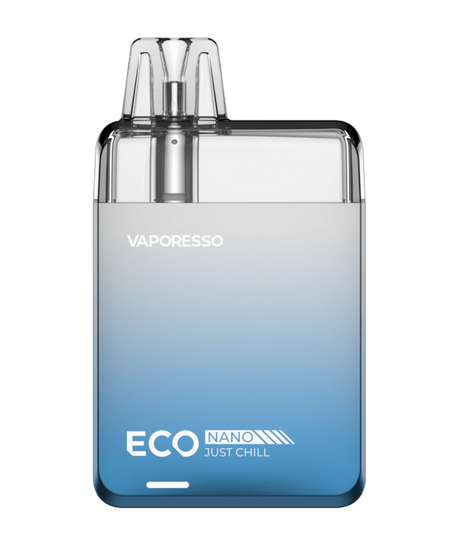 An image of a blue Vaporesso Eco Nano Kit with "just chill" inscribed, featuring a clear mouthpiece and compact design.