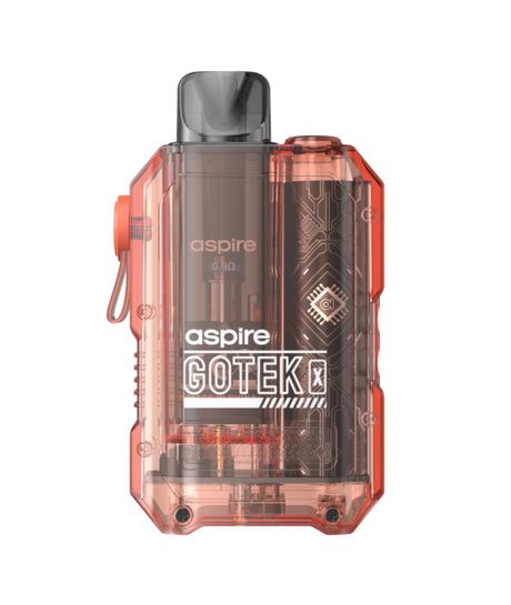 Transparent red Aspire Gotek X Kit vape pod with visible internal components, labeled "GOTEK X KIT" on the side, featuring a black top and intricate design details.