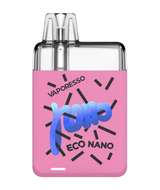 A pink Vaporesso Eco Nano Kit featuring COREX heating technology, with a prominent blue logo on the front and a transparent top.