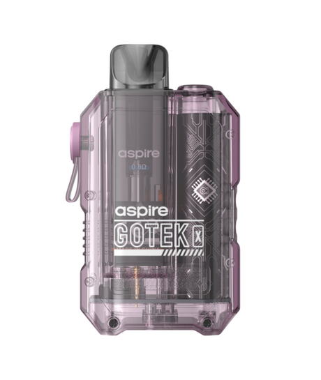 A transparent Aspire Gotek X Kit vape device with visible internal components and branding, featuring a rectangular shape and a dark gray cap.