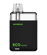 A sleek, black Vaporesso Eco Nano Kit vaping device with a transparent, leak-proof, refillable tank on top, displayed against a plain background.