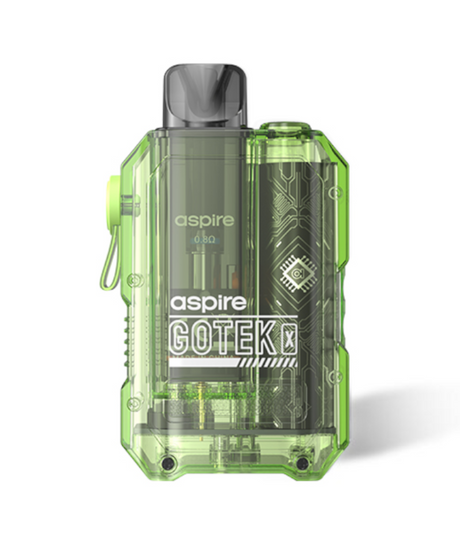 Transparent green Aspire Gotek X Kit vape device with visible internal mechanisms and the labels "Aspire" and "GOTEK X KIT" on the casing.