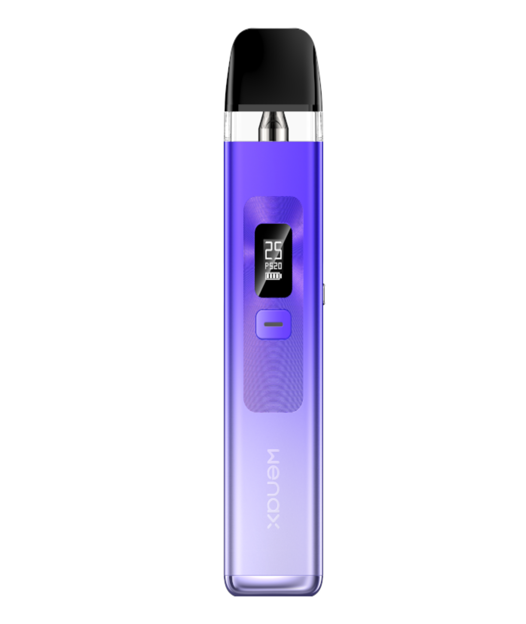 A digital display Geekvape Wenax Q Pod Kit in purple with a black top, showing a battery level and temperature reading on its screen. The device is branded "Geek Vape Wenax Q.