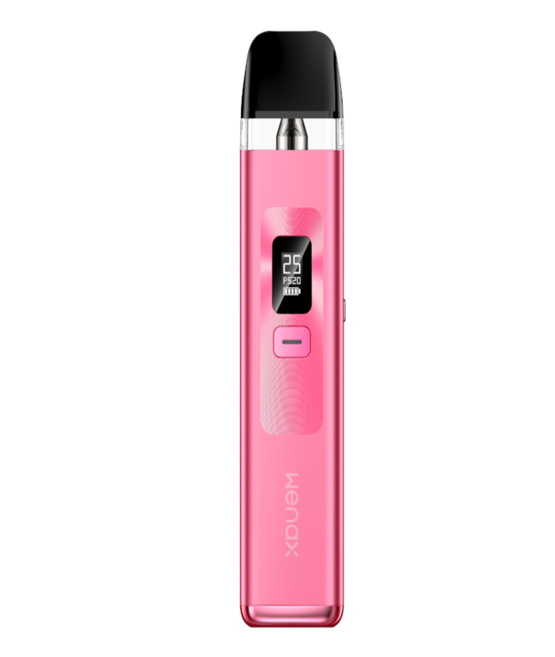 A pink Geekvape Wenax Q Pod Kit with a digital display showing "25" and a power button, designed for MTL vaping.