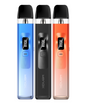 Three Geekvape Wenax Q pod kits in blue,black, and orange colors, each displaying a digital "25" on the screen, aligned vertically on a white background.