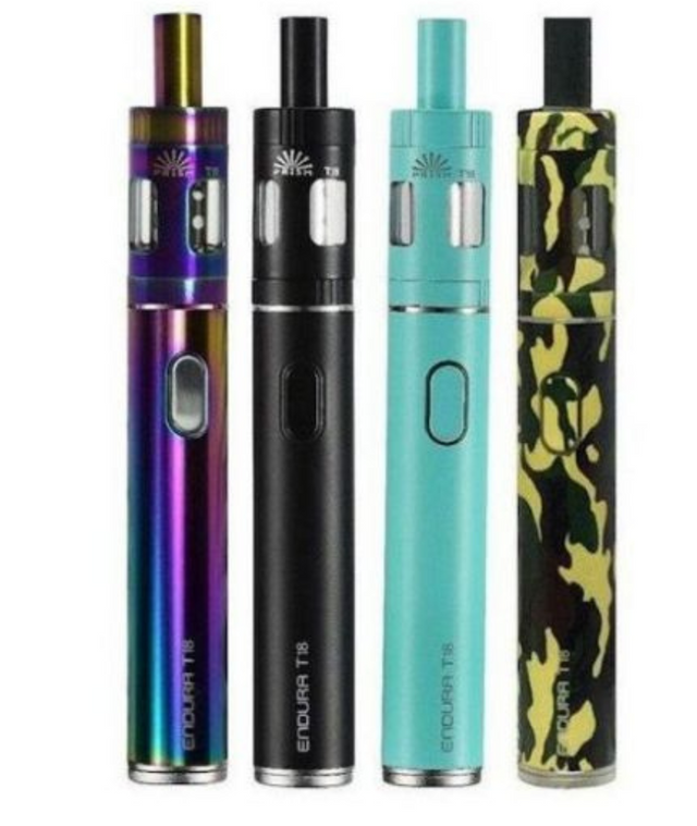 Four vertical Innokin Endura T18E Kits in different designs: iridescent rainbow, black, teal, and camouflage, each with a brand logo and adjustable settings visible. Ideal for mouth to lung vaping.