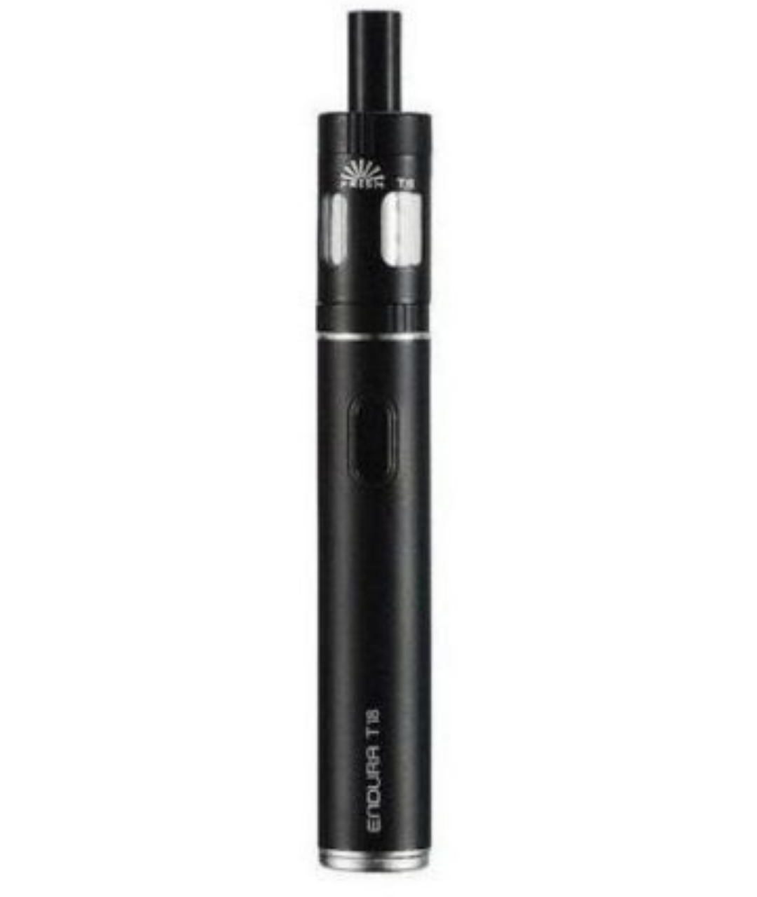 An image of a black, sleek Innokin Endura T18E Kit electronic cigarette with a clear tank, prominently displaying the Innokin logo near the top.