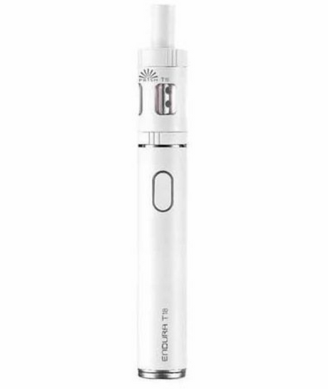 A white electronic cigarette with a transparent tank, a single activation button, and the brand name "Innokin Endura T18E Kit" visible on the body.