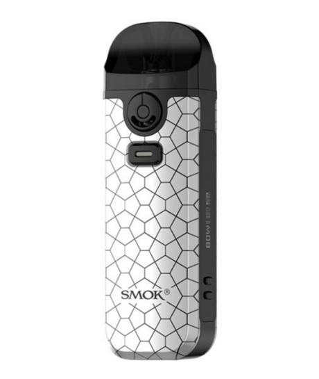 Image of a white Smok Nord 4 Pod Kit with a hexagonal pattern on the body. The device, compatible with RPM & RPM 2 coils, has a black mouthpiece at the top, a circular button on the front, and a smaller rectangular button just below it. It has "Smok" written near the bottom.