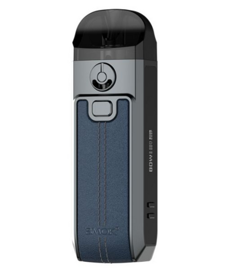 The Smok Nord 4 Pod Kit is a small, handheld electronic device with a sleek black and silver design. The front features a prominent circular button near a rectangular one, and blue textured grip with stitching. Ideal for MTL and DTL vaping, it supports RPM & RPM 2 coils and boasts a curved mouthpiece on top.