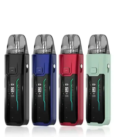 Four Vaporesso Luxe XR Max portable electronic vaping devices displayed in a row with colors black, blue, red, and green, featuring GTX coil compatibility, showing digital screen readings and compact designs.