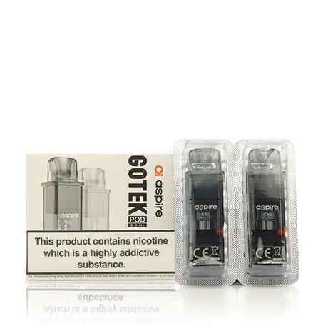 Two Aspire Gotek X Pods in blister packs next to a warning label stating, "this product contains nicotine which is a highly addictive substance.