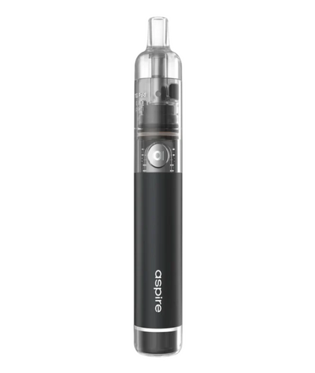 A black Aspire Cyber G Kit with a transparent tank and silver accents, featuring a prominent central button and display screen on its body.