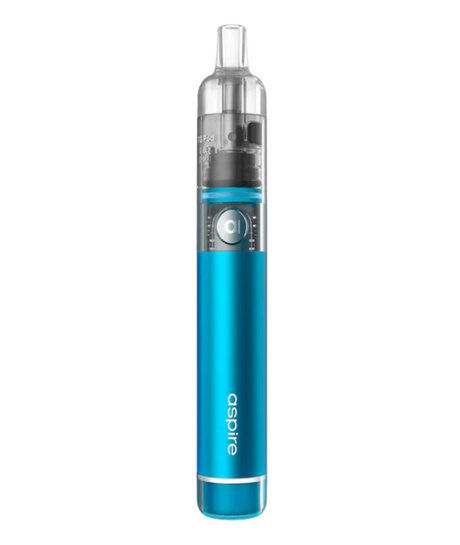 An electric blue Aspire Cyber G Kit with a transparent tank and silver detailing, featuring a power button and brand logo on the body.