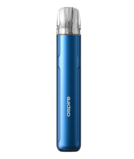 A blue Aspire Cyber S Kit with a transparent mouthpiece and adjustable airflow, displayed against a plain background.