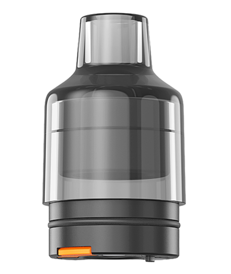 An image of a modern, black Aspire BP Stik Replacement Pods electronic cigarette tank with an orange button, viewed against a white background. The device has a sleek, transparent center section.