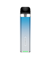 Electronic cigarette with a blue and silver textured design, displaying the Vaporesso Xros 3 Mini Kit logo, and a small green charge indicator light at the base.