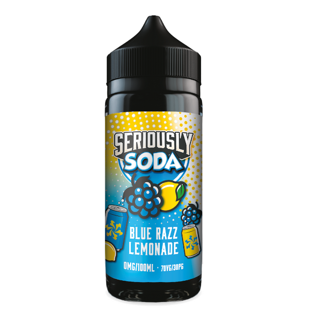 A black bottle with a pointed cap labeled "Seriously Soda" showcases blueberries, lemon, and soda cans. This shortfill e-liquid flavor is Doozy Seriously Soda Blue Razz Lemonade - 100ml. The 100ml bottle boasts a 70VG/30PG ratio from Doozy Vape Co.