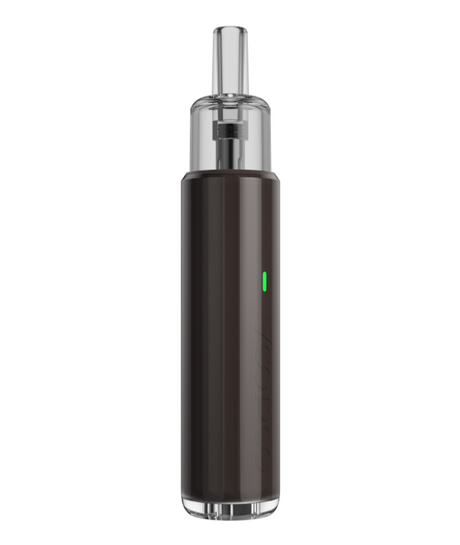 An electronic cigarette or vape pen with a sleek black design and a green light indicator on the body, compatible with Voopoo Doric Q Pod Kit.