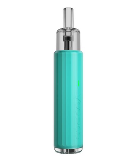 A sleek, modern Voopoo Doric Q Pod Kit or vaporizer in a vibrant teal color with a clear mouthpiece and branding along its side.