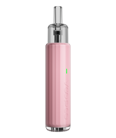 A sleek, pink Voopoo Doric Q Pod Kit with a transparent cap and a visible green power indicator light on its side. The device is branded with the name "Voopoo".