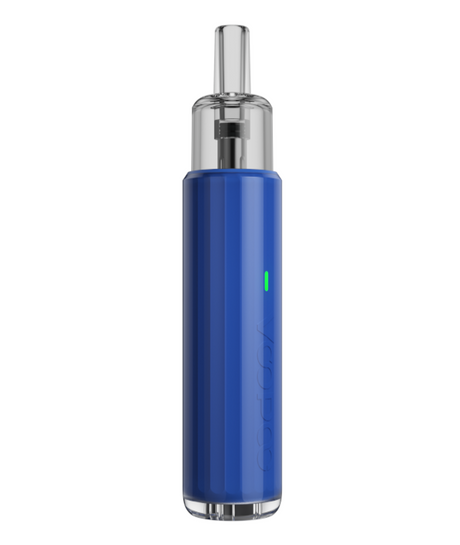 A blue, modern Voopoo Doric Q Pod Kit electronic cigarette or vaping device with a transparent atomizer on top, featuring a green power-on indicator light on its body.