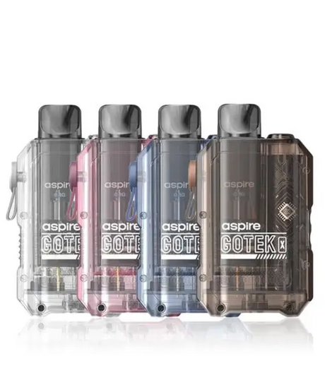 Five Aspire Gotek X Kit refillable vape pods in various translucent colors lined up against a white background. Their designs feature internal components visible through the casing.