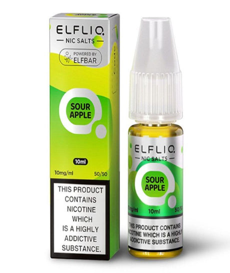 Box and bottle of ElfLiQ by Elfbar ElfLiq Nic Salts Sour Apple e-liquid, featuring green packaging with a white and yellow font, emphasizing the 10ml size and 10mg/ml nicotine concentration.