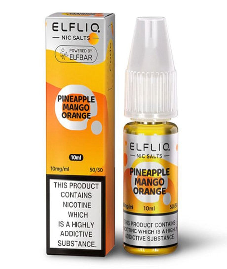 A product image featuring a bottle of ElfLiq by Elfbar Nic Salts Mango e-liquid next to its box, labeled "pineapple mango orange," indicating a mango nic salt e-liquid with a concentration of 10mg/ml.